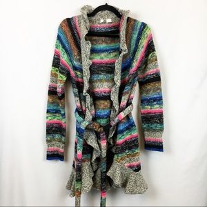 Anthro Moth Striped Ruffle Long Knit Cardigan